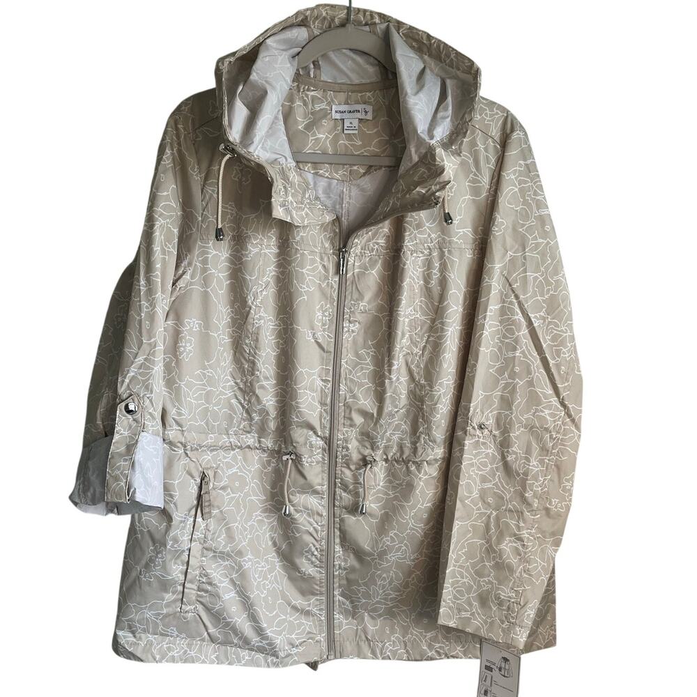 Susan Graver NEW Packable Rain Jacket Sz XL Hooded Full Zip Tan White Floral